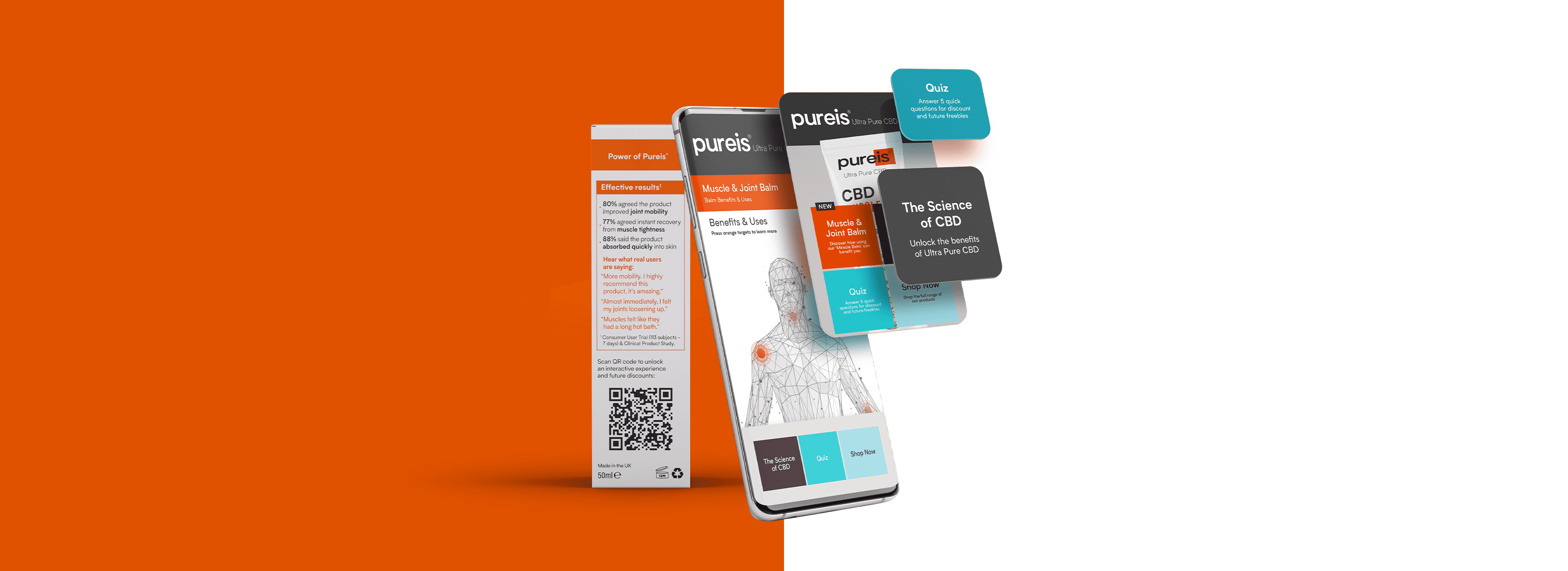 Mobile interface with pull-outs for CBD muscle and joint balm information, accessible by scanning QR code on the pack.