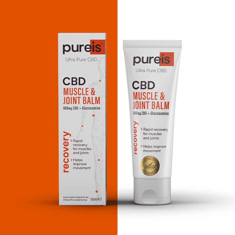 Tube of Pureis CBD muscle and joint balm with packaging highlighting rapid recovery and improved mobility.