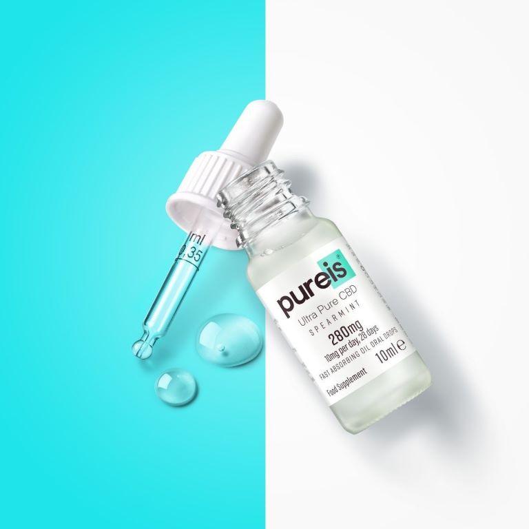 Pureis Ultra Pure CBD fast-absorbing oil drops, bottle with dripping pipette, spearmint flavour.